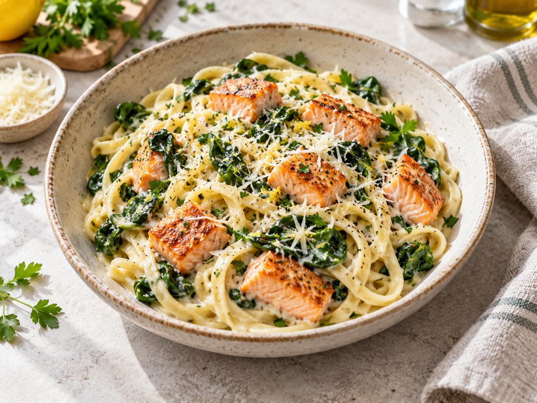 Romige pasta met zalm en spinazie